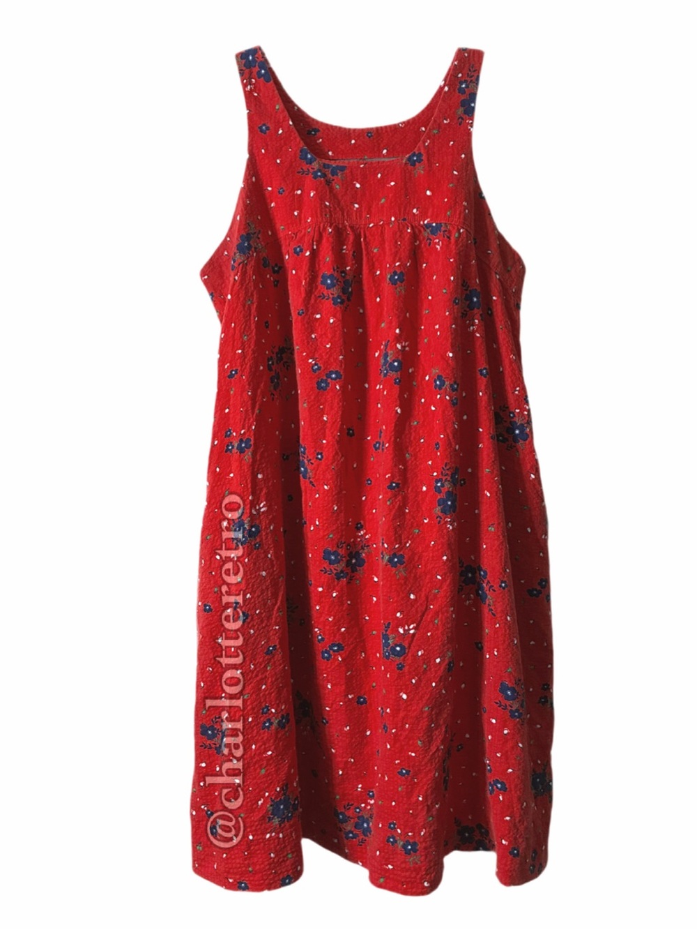 70s vtg Red Floral Shift Dress with Pockets